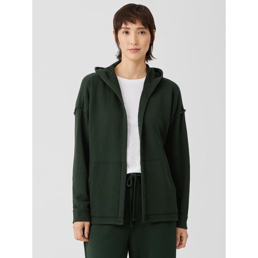 Eileen Fisher Organic Cotton French Terry Hooded Jacket Green Boxy Open Front L